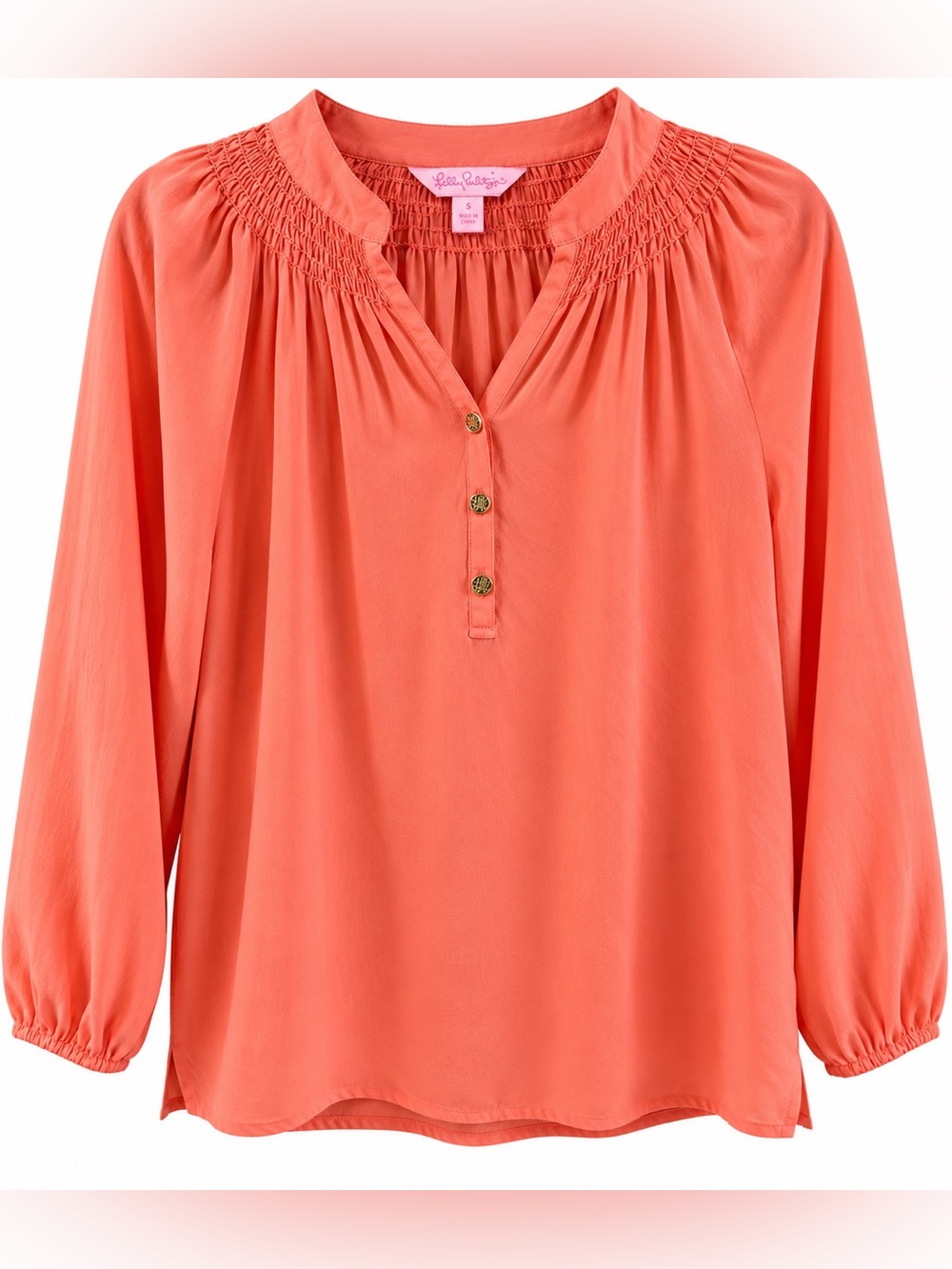 Lilly Pulitzer Elsa 100% Silk Blouse Hot Coral Smocked Gold Buttons Size S